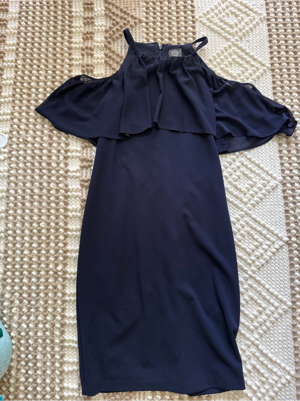 Vince Camuto Chiffon Overlay Navy Cold-Shoulder Dress